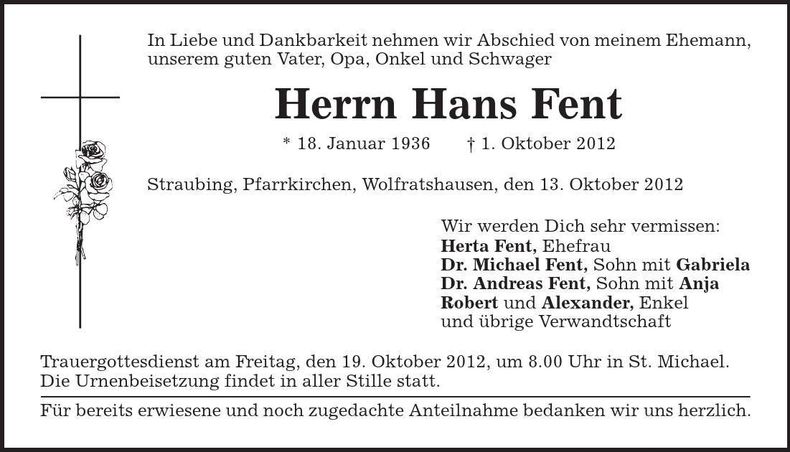 Traueranzeige Hans Fent