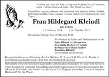 Traueranzeige Hildegard Kleindl