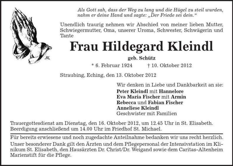 Traueranzeige Hildegard Kleindl