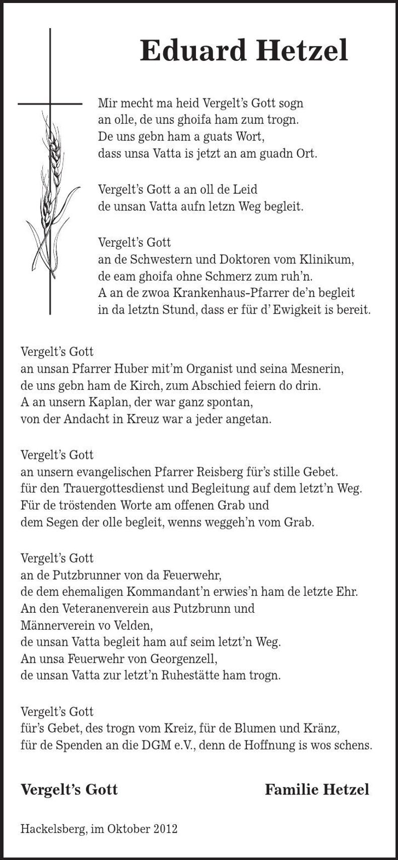 Traueranzeige Eduard Hetzel