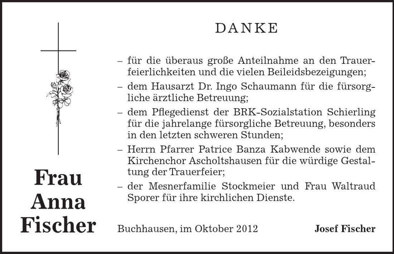 Traueranzeige Anna Fischer