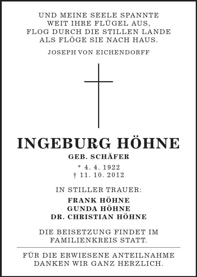 Traueranzeige Ingeburg Höhne