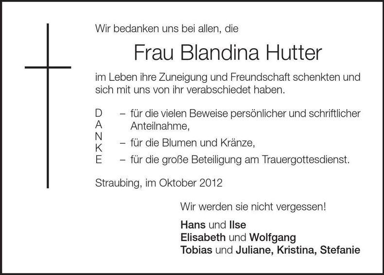 Traueranzeige Blandina Hutter