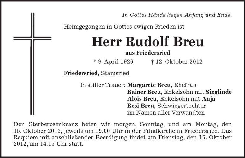 Traueranzeige Rudolf Breu
