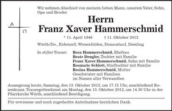 Traueranzeige Franz Xaver Hammerschmid