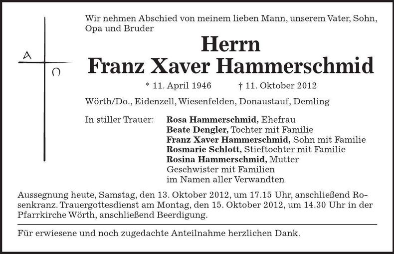 Traueranzeige Franz Xaver Hammerschmid