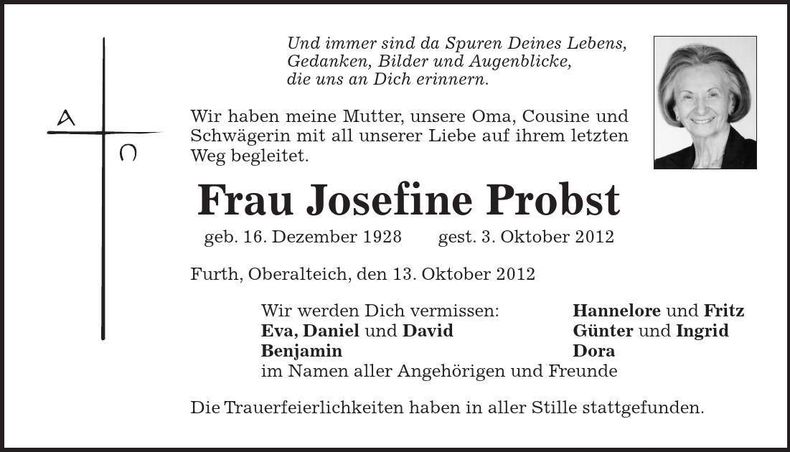 Traueranzeige Josefine Probst