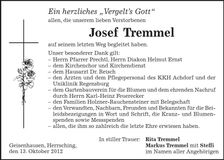 Traueranzeige Josef Tremmel
