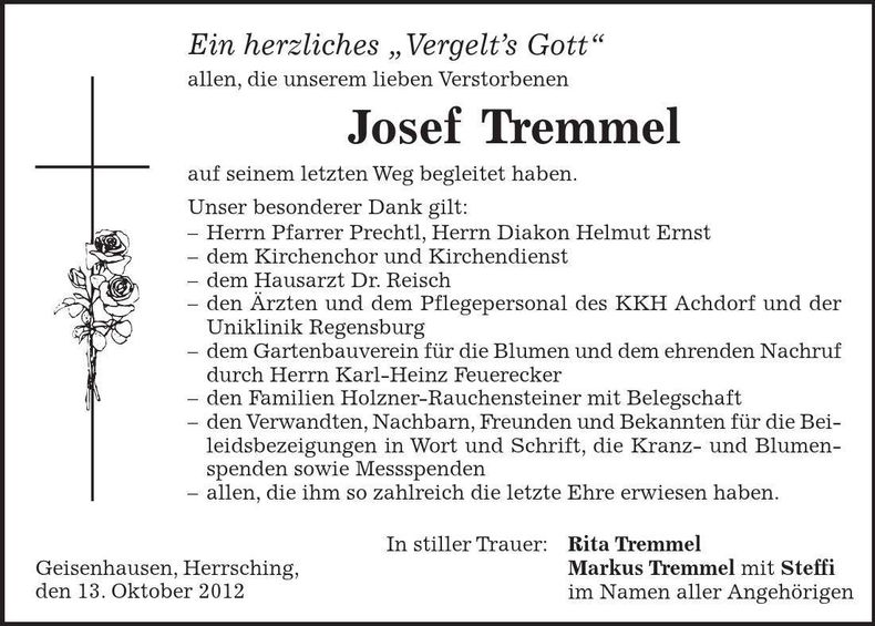 Traueranzeige Josef Tremmel