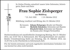 Traueranzeige Sophie Zislsperger