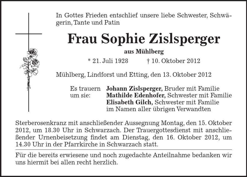 Traueranzeige Sophie Zislsperger