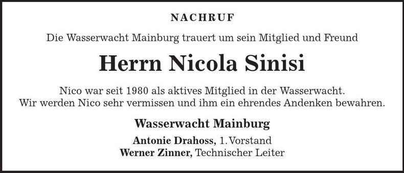 Traueranzeige Nicola Sinisi