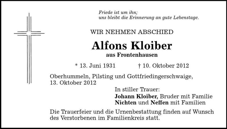 Traueranzeige Alfons Kloiber