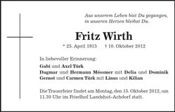 Traueranzeige Fritz Wirth