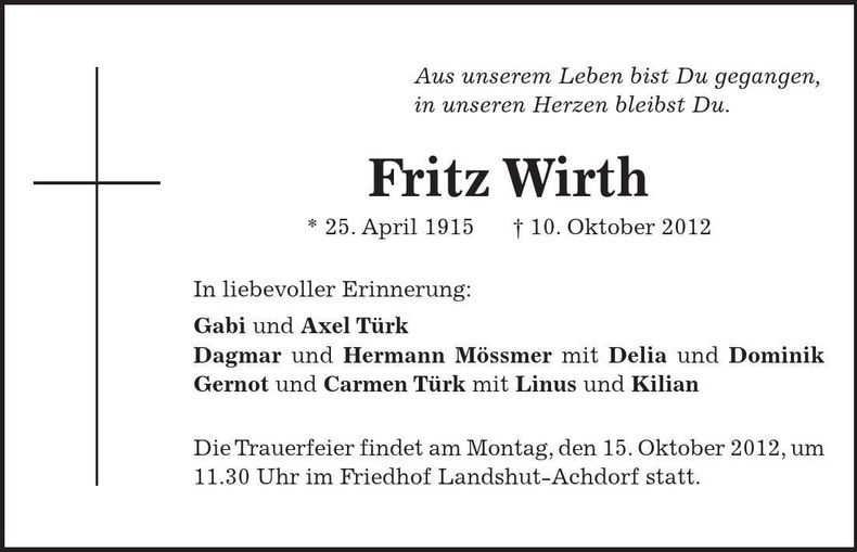 Traueranzeige Fritz Wirth