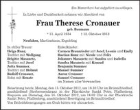 Traueranzeige Therese Cronauer