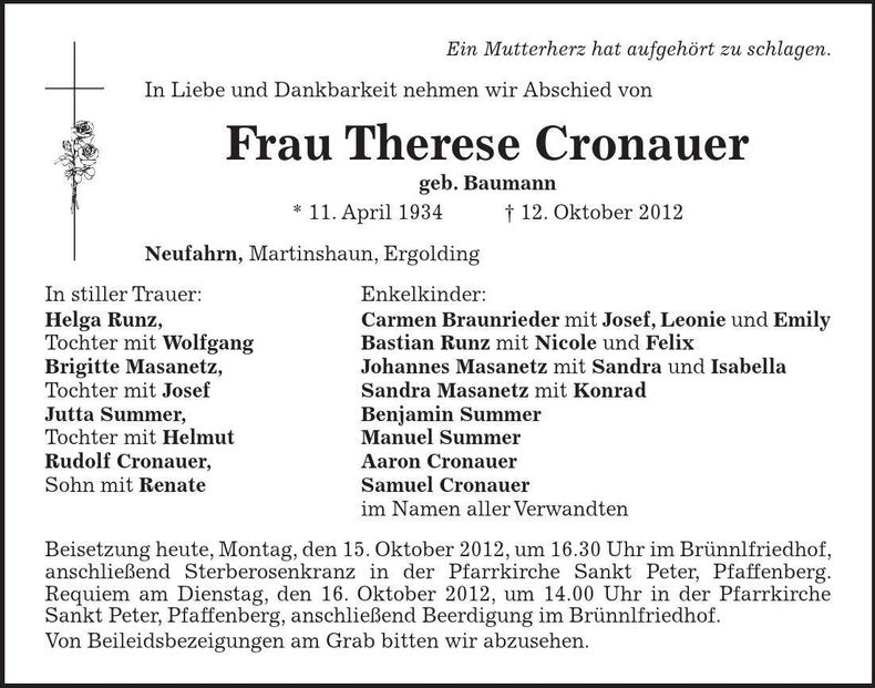 Traueranzeige Therese Cronauer