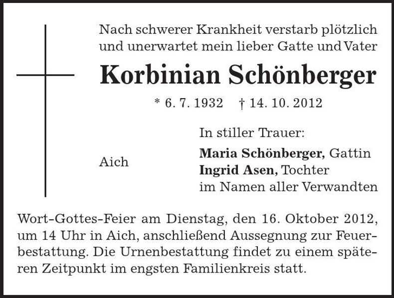 Traueranzeige Korbinian Schönberger