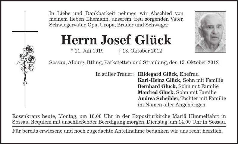 Traueranzeige Josef Glück