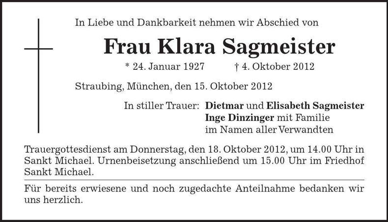 Traueranzeige Klara Sagmeister