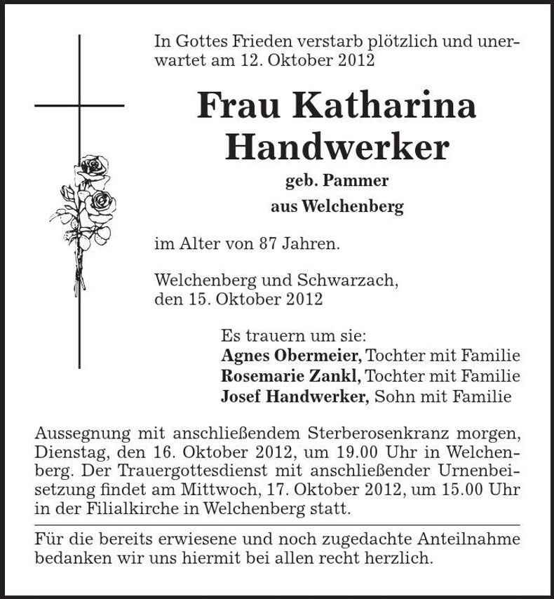 Traueranzeige Katharina Handwerker