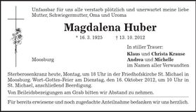 Traueranzeige Magdalena Huber