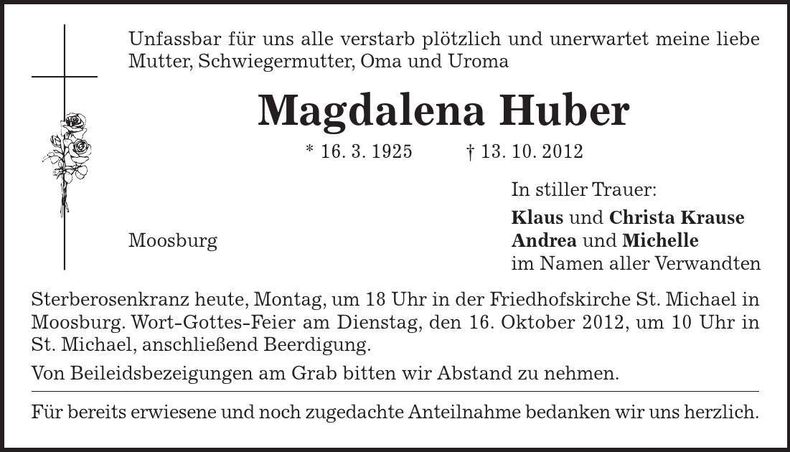 Traueranzeige Magdalena Huber