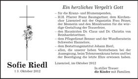 Traueranzeige Sofie Riedl