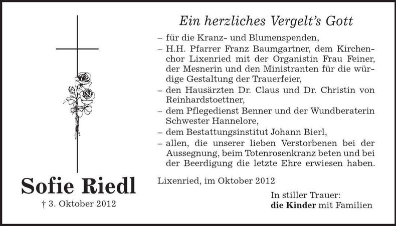 Traueranzeige Sofie Riedl