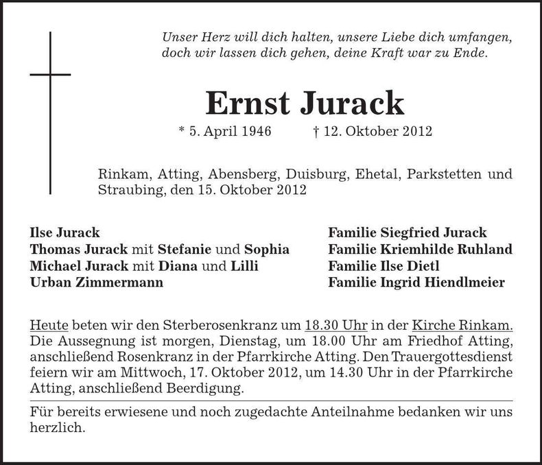 Traueranzeige Ernst Jurack
