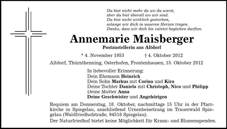 Traueranzeige Annemarie Maisberger