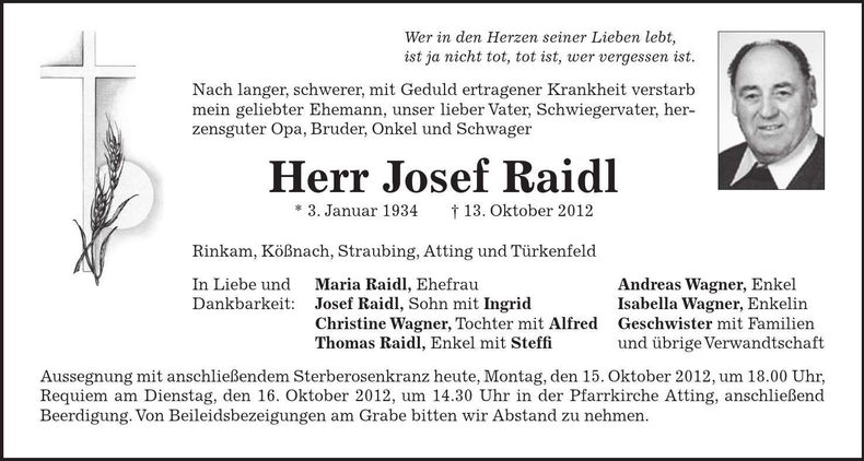 Traueranzeige Josef Raidl