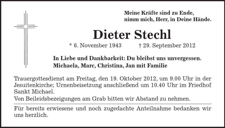 Traueranzeige Dieter Stechl