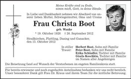 Traueranzeige Christa Boot