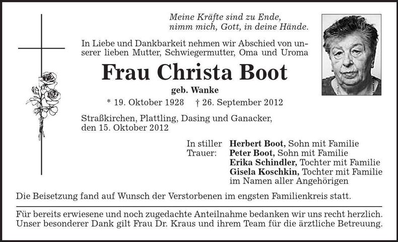 Traueranzeige Christa Boot
