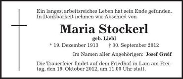Traueranzeige Maria Stockerl