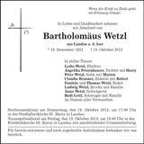 Traueranzeige Bartholomäus Wetzl