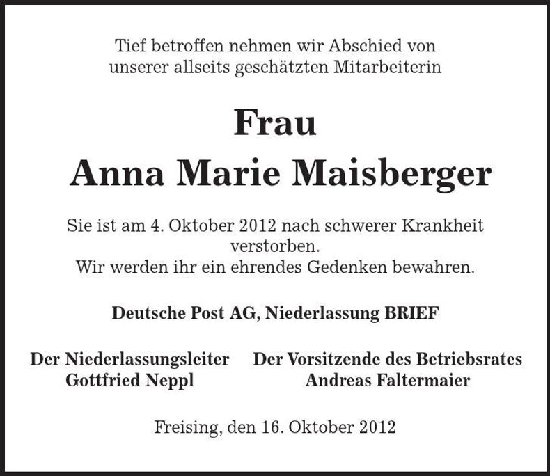 Traueranzeige Anna Marie Maisberger
