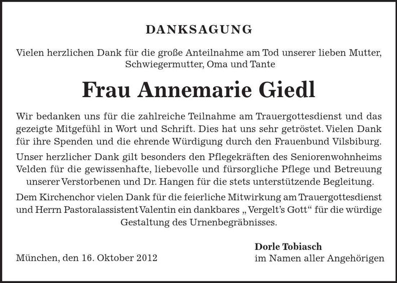 Traueranzeige Annemarie Giedl