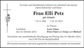 Traueranzeige Elli Petz