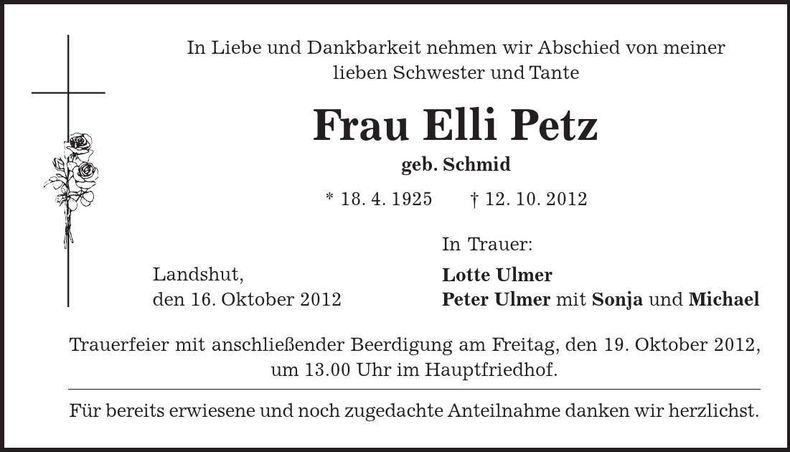 Traueranzeige Elli Petz