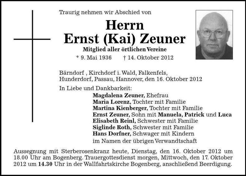 Traueranzeige Ernst Zeuner