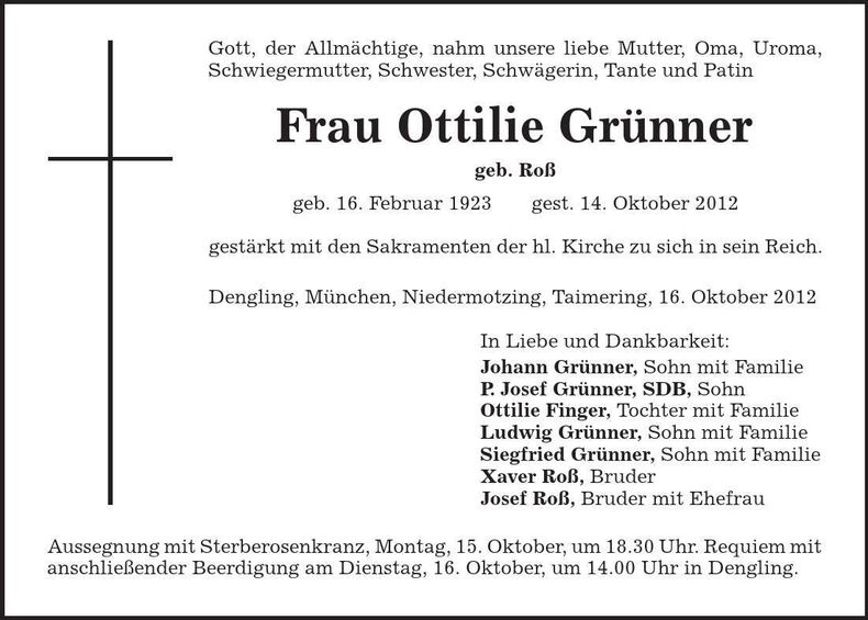 Traueranzeige Ottlilie Grünner