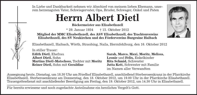 Traueranzeige Albert Dietl