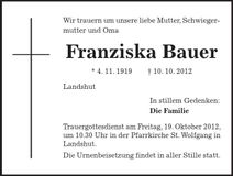 Traueranzeige Franziska Bauer