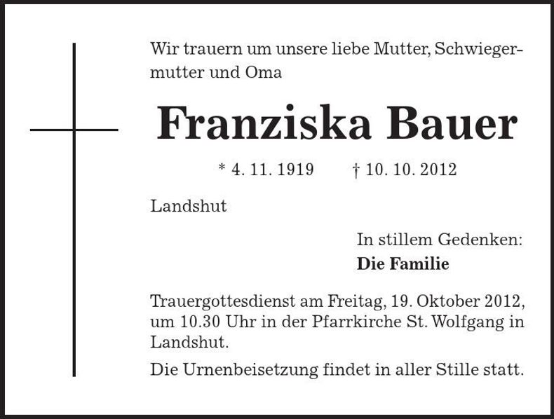 Traueranzeige Franziska Bauer