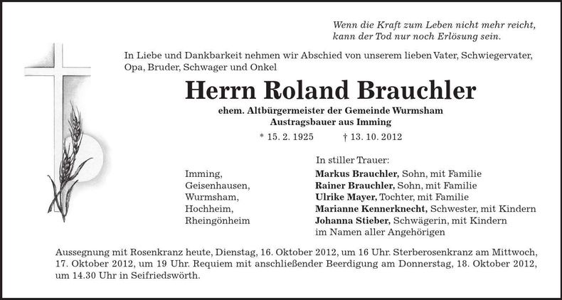 Traueranzeige Roland Brauchler