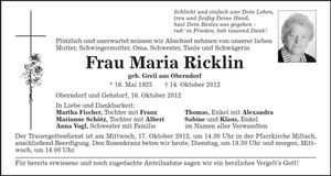Traueranzeige Maria Ricklin