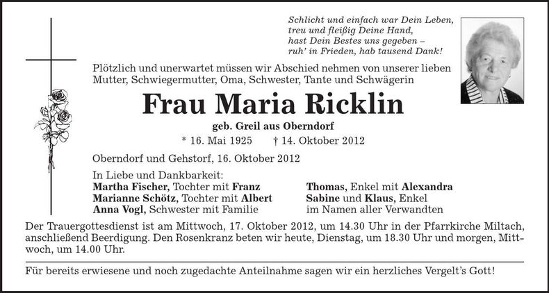 Traueranzeige Maria Ricklin