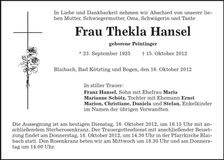 Traueranzeige Thekla Hansel